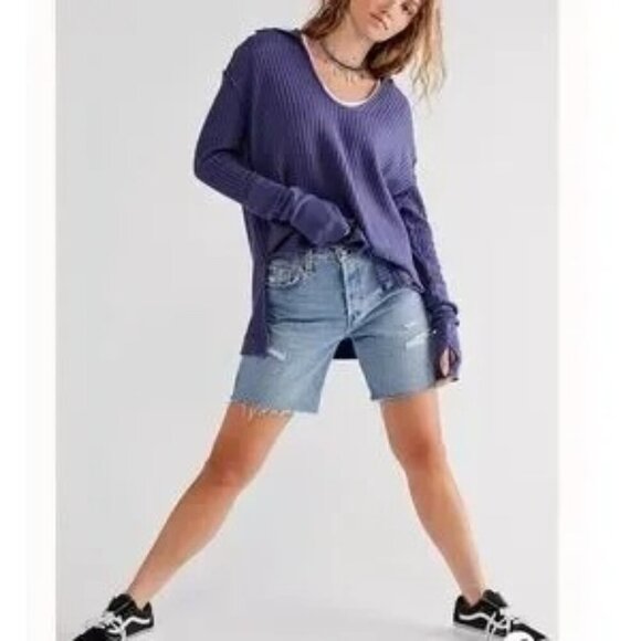 NWT Free People Raymond Thermal Waffle Knit Oversized Pullover Size XS  Blue Blu - Picture 3 of 11